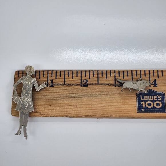 Art Deco Lady Walking Dog Brooch Lapel Pin Silver Tone Vogue Style 1920s Vintage - Picture 7 of 8